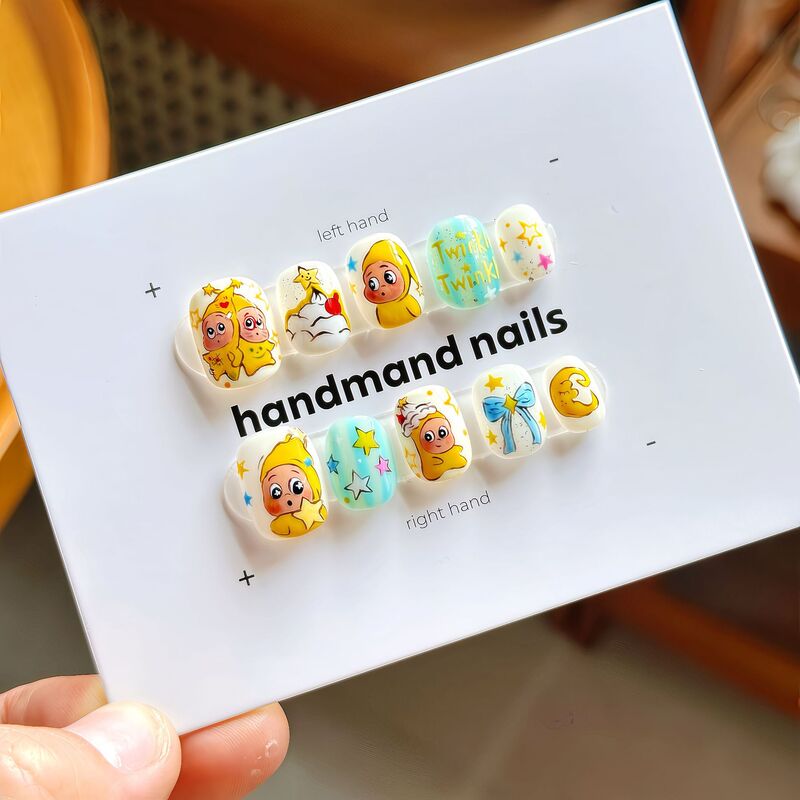 Star Man's Pure Handmade Hand-Painted Wearable Nails, Cute and Cute Bow Cartoon Trendy Bubble Mart Series Manicure