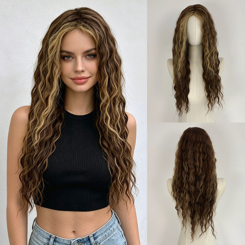 Cross-Border European and American Women's Golden Brown Highlights, Middle-Parted Long Curly Hair, African Small Curls, Synthetic Fiber Wig, Full Head Wig, Factory Wholesale Cross-Border European and American Women's Golden Brown Highlights, Middle-Parted Long Curly Hair, African Small Curls, Synthetic Fiber Wig, Full Head Wig, Factory Wholesale