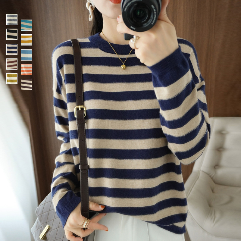 Autumn and Winter New Round Neck Black and White Striped Non-cashmere Knitted Base Shirt Loose Lazy Large Size Women's Wool Sweater Autumn and Winter New Round Neck Black and White Striped Non-cashmere Knitted Base Shirt Loose Lazy Large Size Women's Wool Sweater