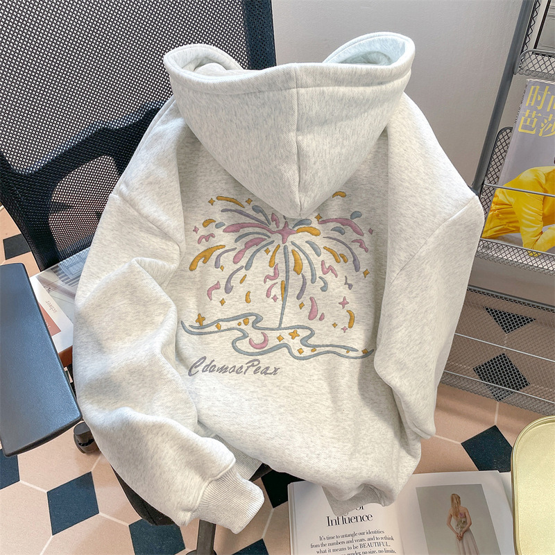 American Trendy Brand Oversize New Year's Fireworks Sweatshirt Women's Velvet Thickeneded Winter Lazy Style Couple Hooded Jacket American Trendy Brand Oversize New Year's Fireworks Sweatshirt Women's Velvet Thickeneded Winter Lazy Style Couple Hooded Jacket