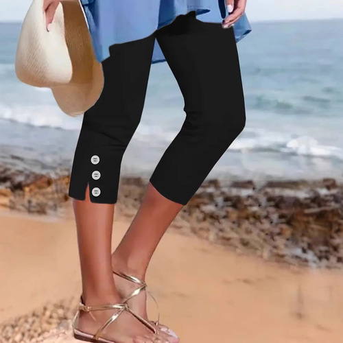 2025 Summer Medium-Waist Elastic Solid Color Seven-Foot Tight Fashion Sexy Button-Patch Casual Pants for Women