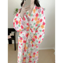 2025 新款睡袍女秋冬季毛毛彩色花朵浴袍睡衣加长款家居服