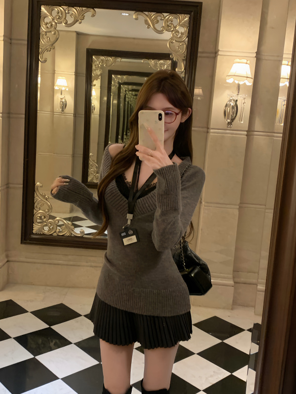 白水女 高智感姐姐 V领毛针织衫女薄款毛衣百褶裙韩系套装上衣|undefined