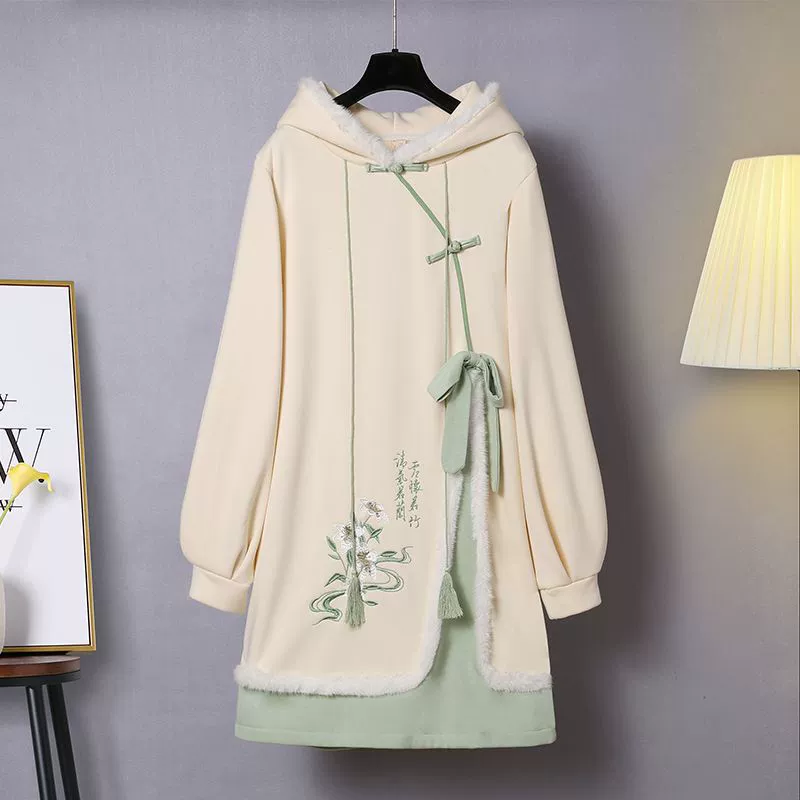 Национальная Мода утолщенная Толстовка на флисовой подкладке Женская Осень-зима 2023 новый костюм Тан в китайском стиле Большие размеры улучшенное платье ханьфу