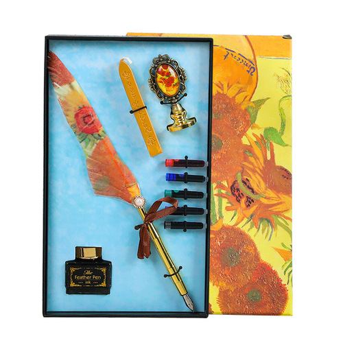 Van Gogh oil painting feather pen set European British retro style quill pen fire paint seal ink practical gift