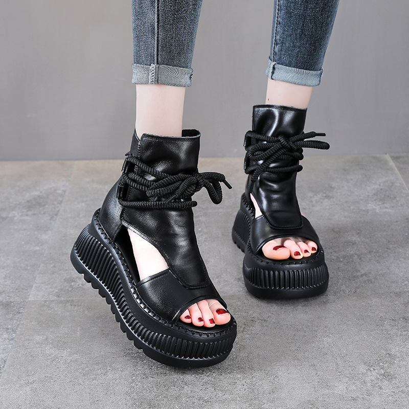Sandal nữ đế dày da bò kiểu La Mã rỗng tăng chiều cao — đen