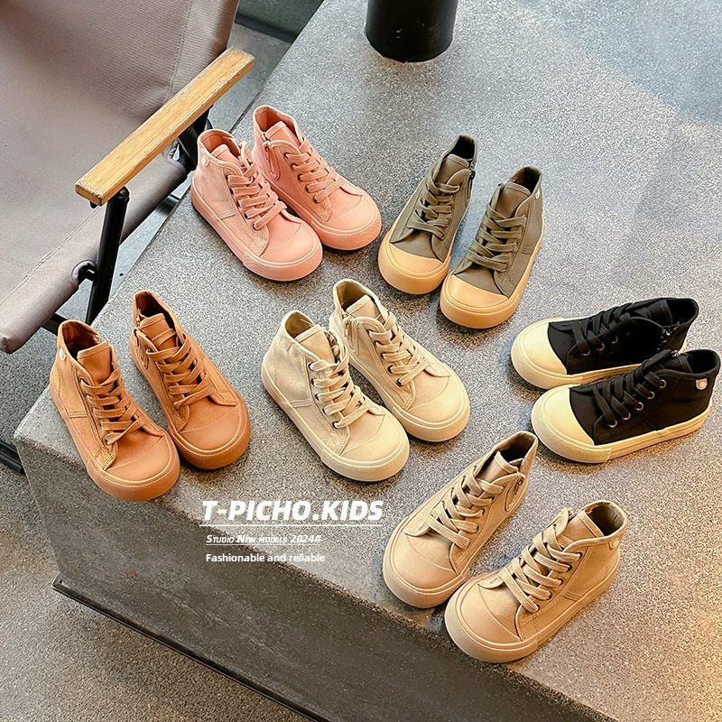 Весенне-осенние модные детские туфли с мягкой подошвой для девочек 2025 года, удобные повседневные туфли в корейском стиле для мальчиков, высокие кеды из холщовой ткани.