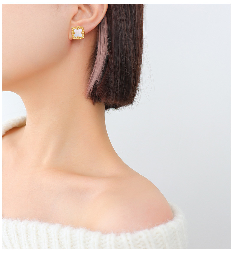 Korean Version Fashion Temperament Square White Sea Shell Earrings Titanium Steel Plated 18k Gold Earrings display picture 3