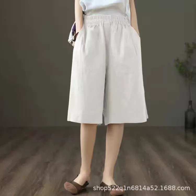Женские летние тонкие шорты из хлопка и льна с высокой талией, свободные, утягивающие, повседневные прямые широкие брюки оптом