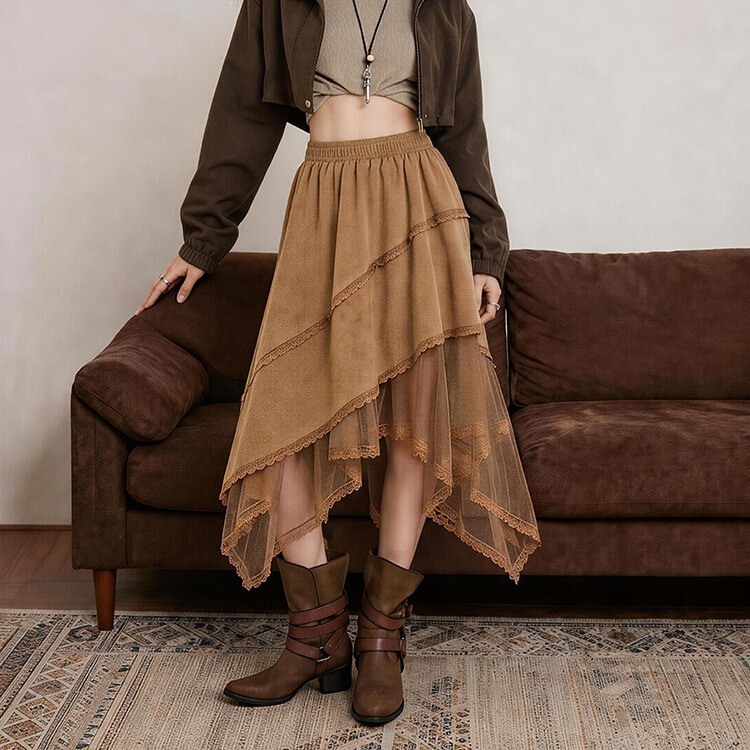 Cross-border nomadic style, asymmetrical, vintage lace patchwork, mesh, and suede half-skirt for women, autumn/winter, high-waisted A-line skirt