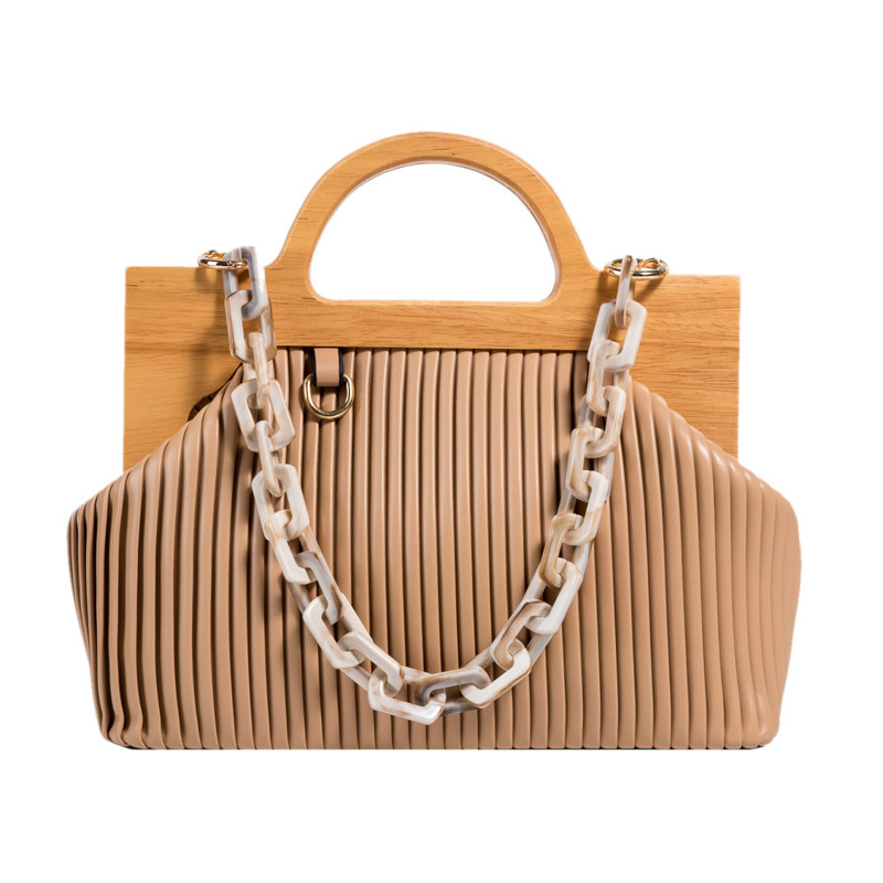 Otoño E Invierno Nuevo Asa De Madera Cadena De Moda Pliegue Hombro A Rayas Simple Bolso De Mensajero display picture 17