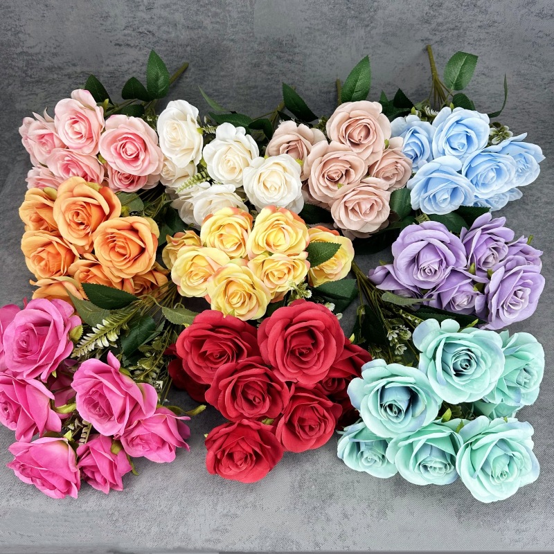 9 manojo de la cabeza, amante, rosa, flor artificial, boda, decoración del hogar, rosa, decoración de flores falsas hechas a mano al por mayor