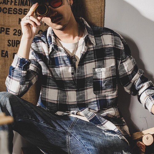 American Heavyweight Retro Plaid Shirt Men's Long Sleeve Loose Fall Trend Japanese Style Collar Shirt for Men Spring Autumn Outer Cross-border