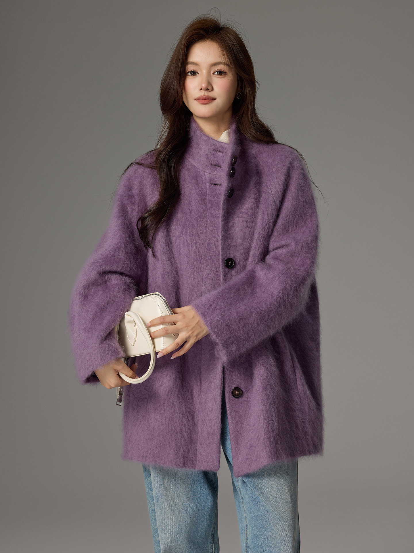 大衣山羊绒拉毛中长款珍珠白拉绒新款外套长毛秋冬加厚羊毛香芋紫