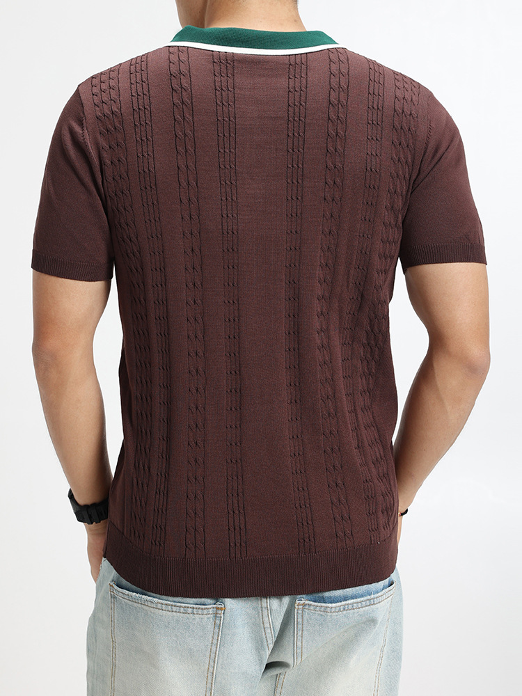 2026 verano nuevo hombre polo de punto de color contraste manga corta con collar de tela de corteza texturas de negocios chaqueta casual para hombre