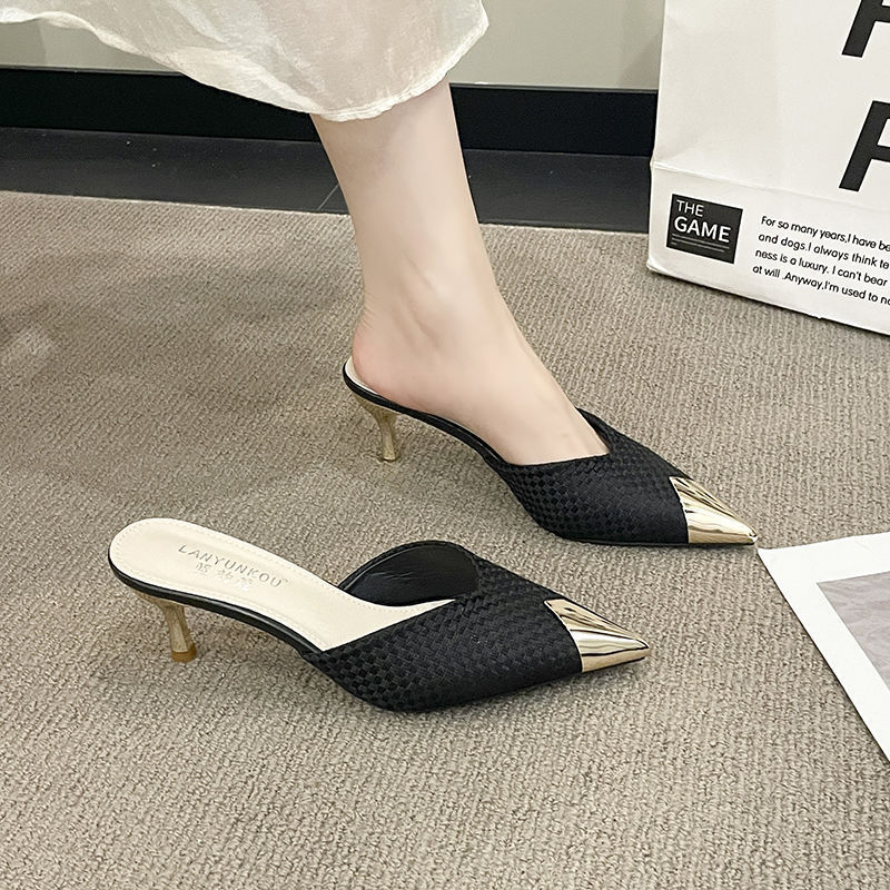 Baotou Half Slippers for Women, Summer Outer Wear, High-End Pointed Toe Stiletto High Heels, Small Heels, Exposed Heels, Mule Sandals