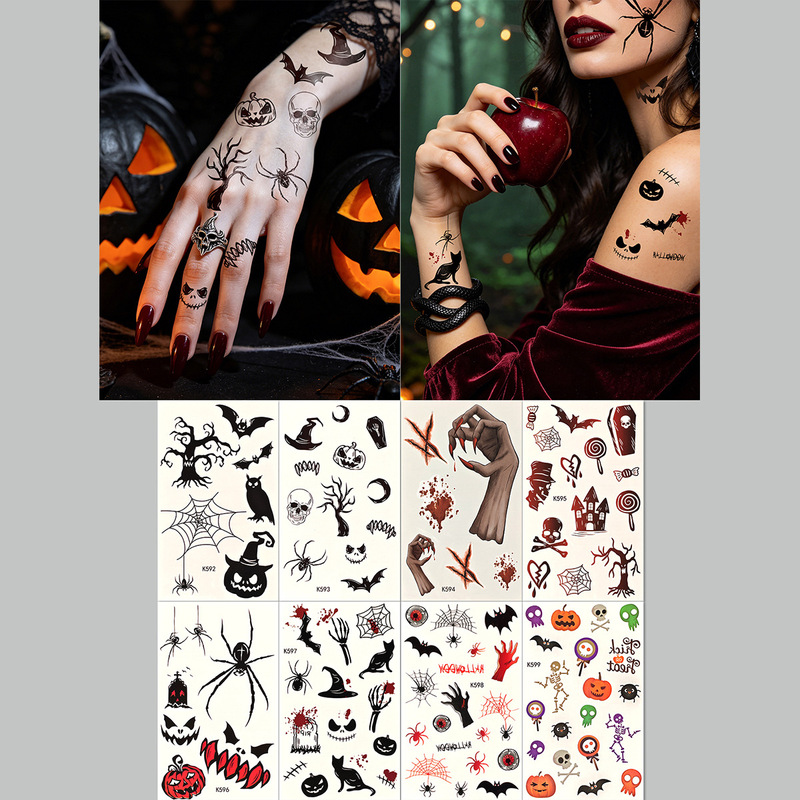 Halloween tattoo stickers, waterproof temporary makeup stickers, spider, bat, pumpkin, skull, horror dark-themed tattoo stickers Halloween tattoo stickers, waterproof temporary makeup stickers, spider, bat, pumpkin, skull, horror dark-themed tattoo stickers