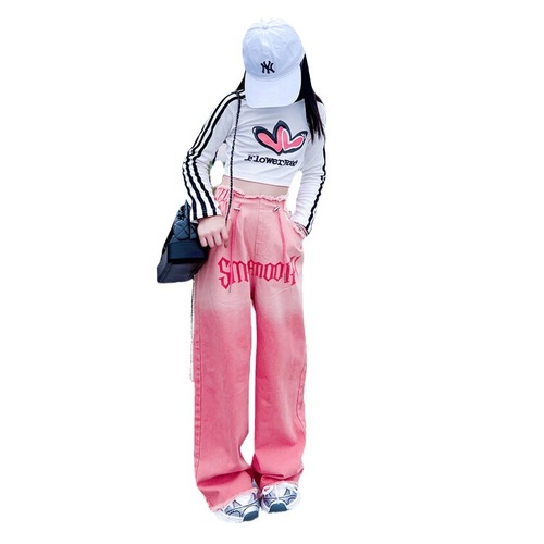 Little Girl Spring Outfit Blue Jeans Gradient Korean Style Children's Girl Straight Leg Wide Leg Pants for Big Kids Spring and Autumn Colored Pants