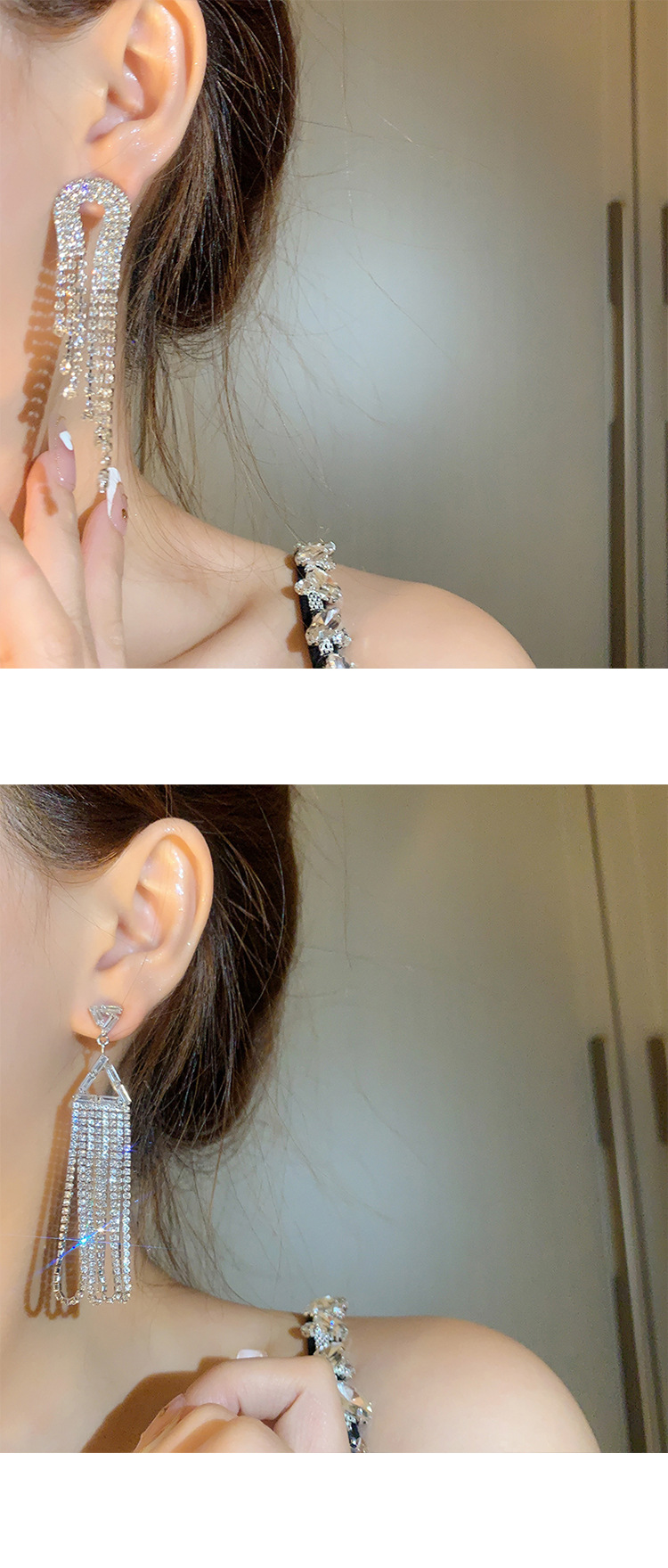 Retro full diamond long tassel earrings for women in Europe and America, exaggerated temperament, earrings, high-end feeling, light luxury earrings_voghion.com