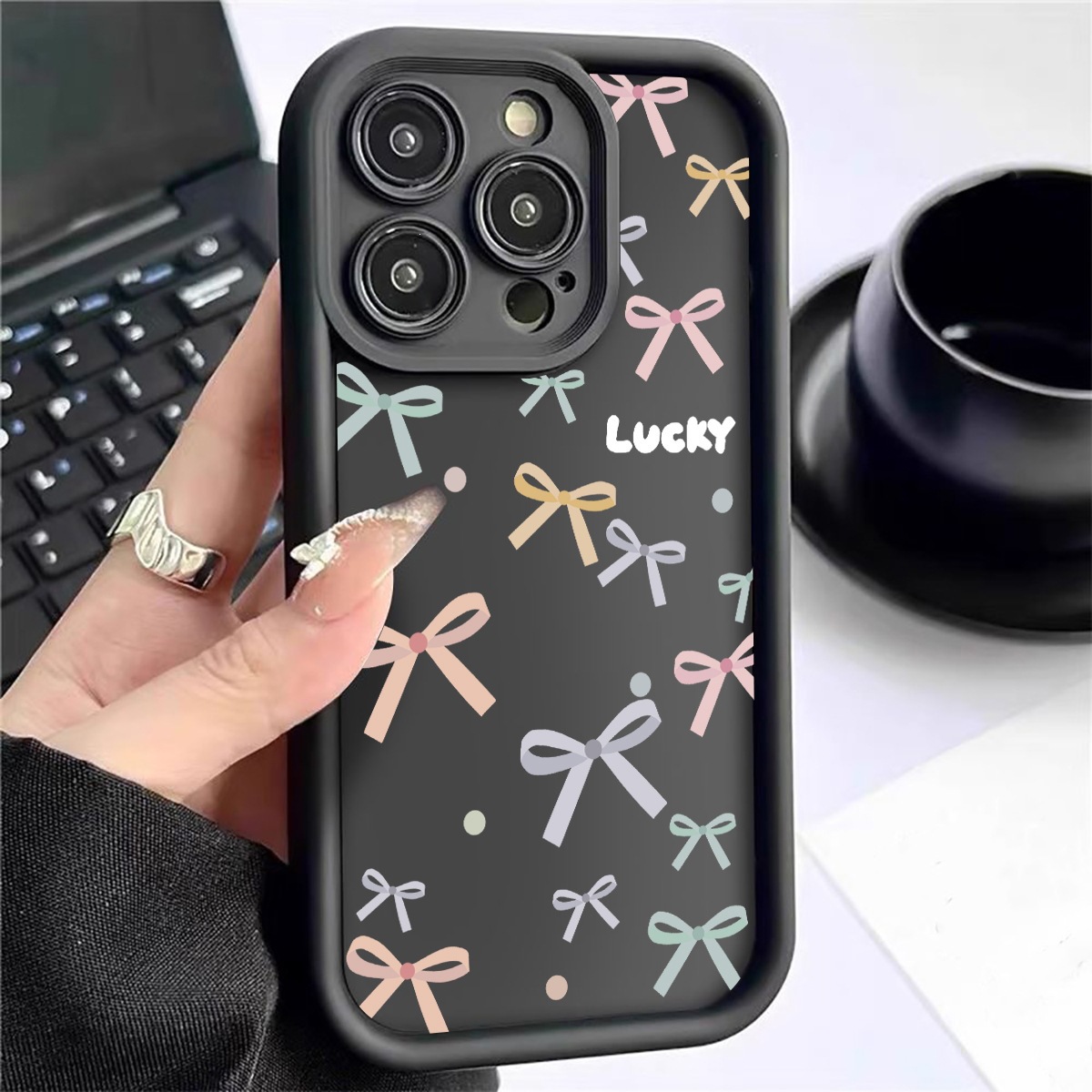 彩色蝴蝶结跨境金刚砂阶梯天眼黑色凹槽适用iPhone15/16/17手机壳