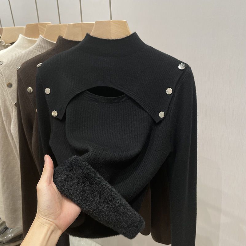 【 Kašmírová rodina 】 Dámský teplý fleecový svetr s tlustým sametovým vnitřkem a dutým poloviční vysokým límcem z vlněné tkaniny_voghion.com