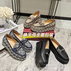 G家马衔扣乐福鞋女2025春秋新款老花字母坡跟增高一脚蹬小皮鞋女