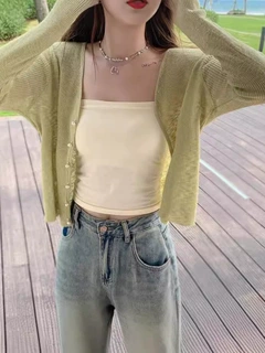 韩版v领珍珠单排扣温柔甜美开衫竹节麻防晒长袖针织上衣外搭