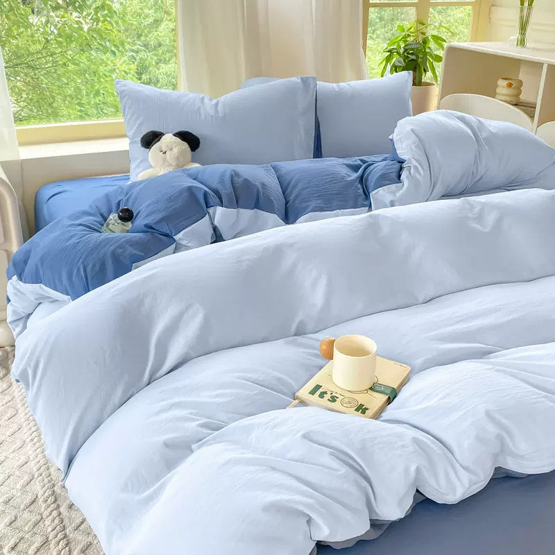 A类裸睡纯棉四件套ins小清新纯色超柔水洗棉床笠款床单被套三件套
