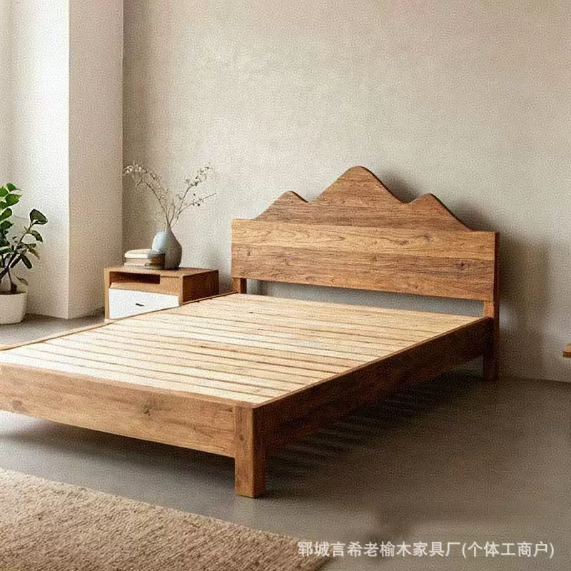 民宿双人床定制中式老榆木实木大床山丘造型床头低箱中古风卧室床