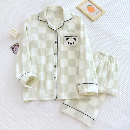  New Spring and Autumn Pure Cotton Yarn Couple Checkered Pajamas Cute Panda Long Sleeves and Pants Home Clothing Set