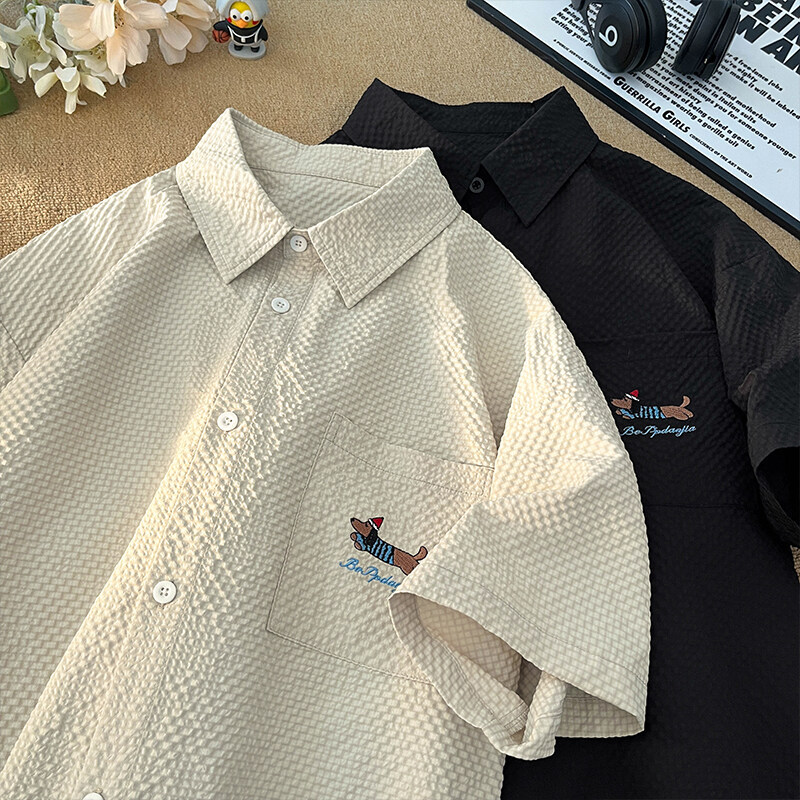Shirt Men's Summer Thin seersucker Short Shirt Men's 2025 Embroidered Loose Jacket Youth Casual Shirt