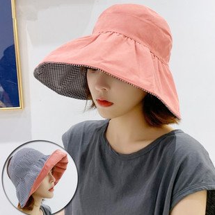 Hat Women's Summer Korean-style All-match Plaid Double-sided Empty Hat Foldable Travel Face Covering Anti-ultraviolet Sun Hat