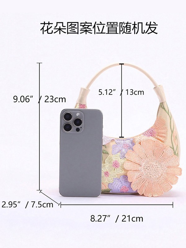 跨境爆款潮时尚网纱刺绣提花立体花朵装饰小月牙包气质优雅手提包|undefined