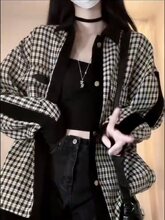 美式复古千鸟格外套女早春新款休闲百搭男款夹克宽松oversize
