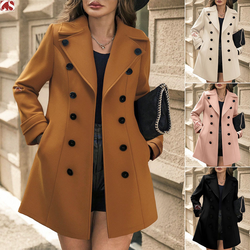 Cross-Border Independent Station Popular Autumn and Winter Woolen Coat Women's Mid-Length Double-Breasted Fashionable Woolen Coat Slim Women's Clothing