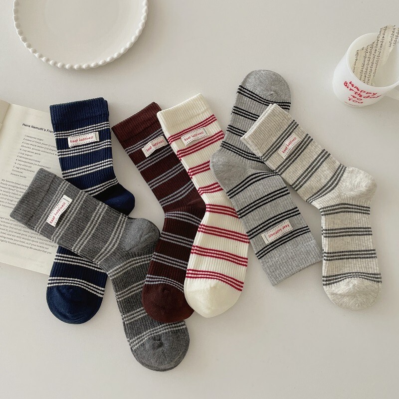 Spring and autumn Korean style color-blocked letter-printed micro-pressure socks, black and white women's mid-calf socks, breathable striped stacked long socks