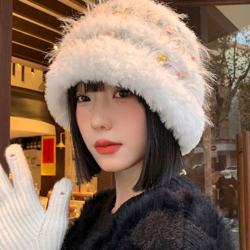 彩色小糖豆毛绒渔夫帽女秋冬季显脸小百搭毛线帽大头围帽子水桶帽|undefined