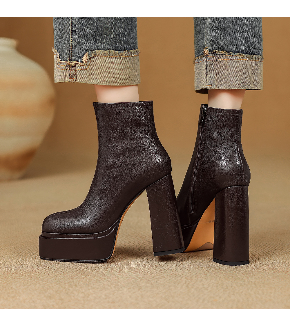 Boot nữ cổ cao ôm chân da dê mềm gót vuông đế xuồng 12.5 cm — Lớp lót nhung đen chi tiết 12