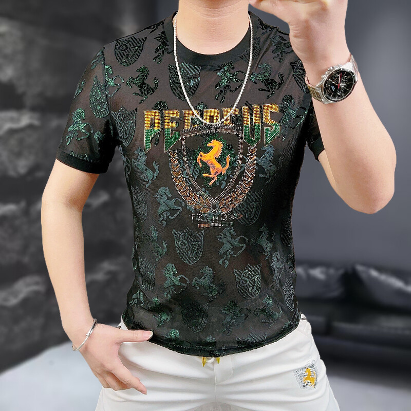 夏季新款简欧时尚潮牌战马幻彩水晶奥钻植绒提花男士圆领短袖T恤