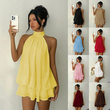 欧美新款跨境纯色度假修身性感露背挂脖收腰上衣蓬蓬短裙连衣裙女