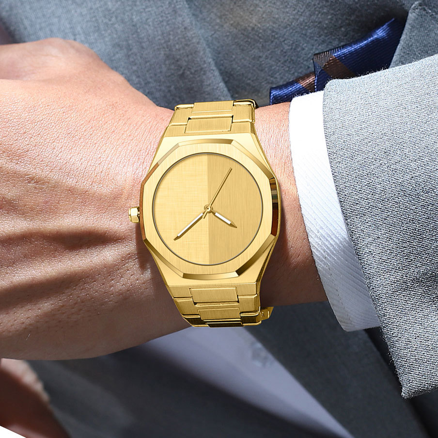 Gold Octagonal Watch For Men Trendy New Quality Royal Wristwatch With Steel Strap Quartz Movement_voghion.com