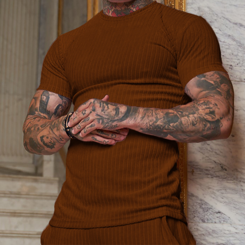 Nuevo comercio exterior transfronterizo de Europa y América nuevo hombre de manga corta de verano deportivo acondicionamiento físico ocio cuello redondo elástico camiseta vertical