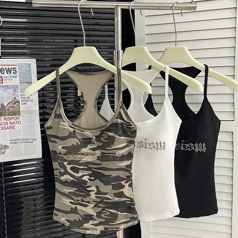 美式辣妹设计感迷彩烫钻短款吊带背心女夏季短款外穿显瘦修身上衣|undefined