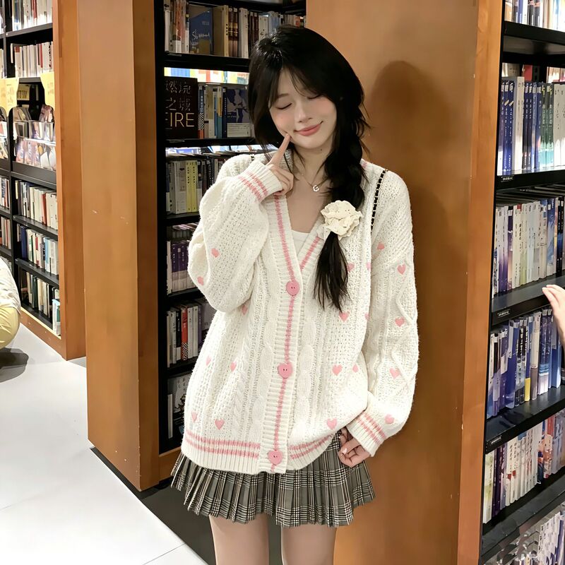 Autumn and Winter Style Taylor Swift Style Heart-Shaped Embroidery Design V-Neck Cardigan Jacket Versatile Fashion Casual Cute Style Pink Autumn and Winter Style Taylor Swift Style Heart-Shaped Embroidery Design V-Neck Cardigan Jacket Versatile Fashion Casual Cute Style Pink