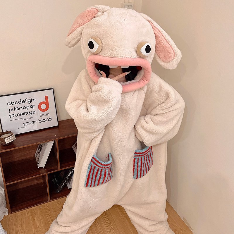 Crazy Rabbit One-Piece Pajamas New Autumn and Winter Funny Abstract Hooded Pajamas Coral Velvet Thickened Doll Suit