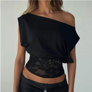 Yl25373 European and American Style Sexy Lace Splicing Slanted Shoulder Top 2025 Autum New Pure Color Waist Bottoming Shirt