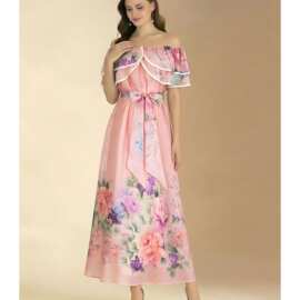 跨境一字肩收腰连衣裙荷叶边海边度假风早春花卉dress