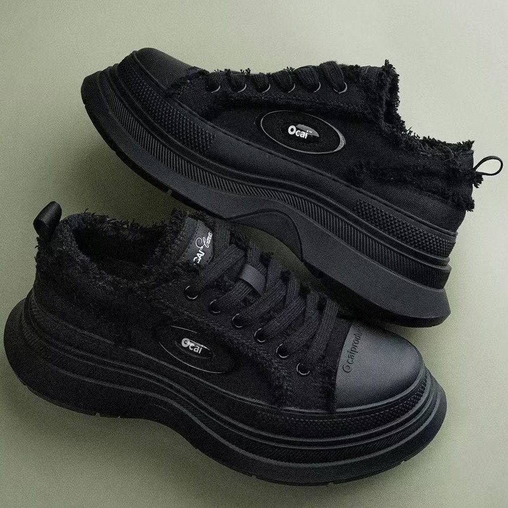 Women's Grey Platform Canvas Shoes Left Bank Retro High End Feel Casual Frayed Edge Boots With Height Increase_voghion.com