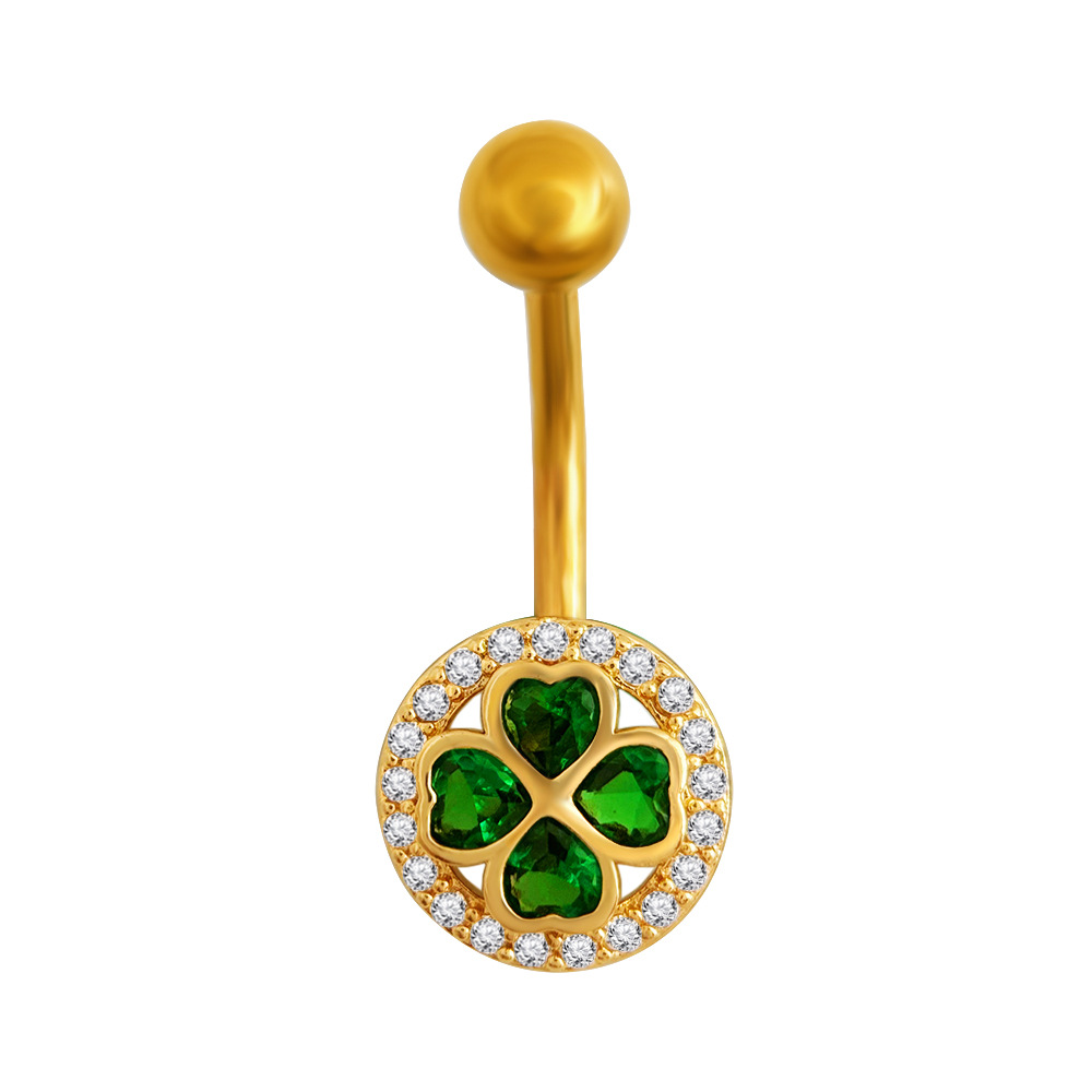 Clover Navel Belly Button Ring With Diamonds For Women Jewelry_voghion.com