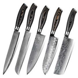 亚马逊大马士革钢彩木柄厨师刀家用超锋利切肉刀厨房三德刀面包刀